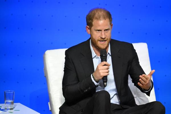 Britain's Prince Harry, Duke of Sussex, speaks during the 'Respo<em></em>nsible Digital Future' forum in Bogota on August 15, 2024.