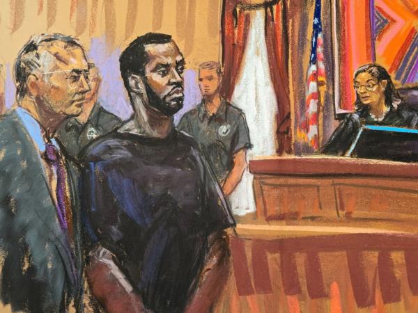 Sean 'Diddy' Combs and his defense lawyer Marc Agnifilo standing in a courtroom during a federal case, as depicted in a courtroom sketch