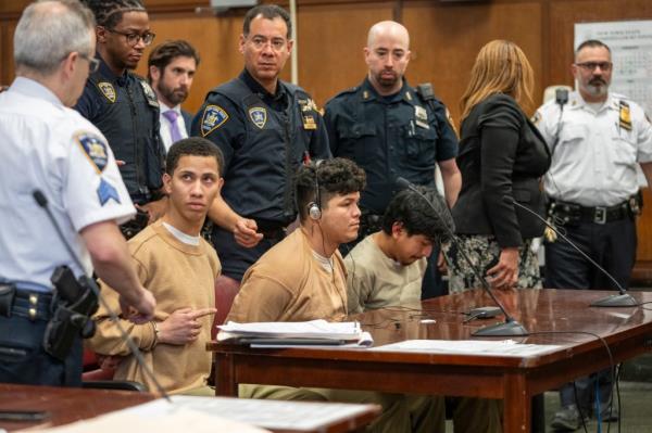 Times Square Cop beating mirants appear in court. L to R:  Darwin Andres Gomez-Izquiel, Wilson Juarez and Marce Estee.  Photos by Steven Hirsch